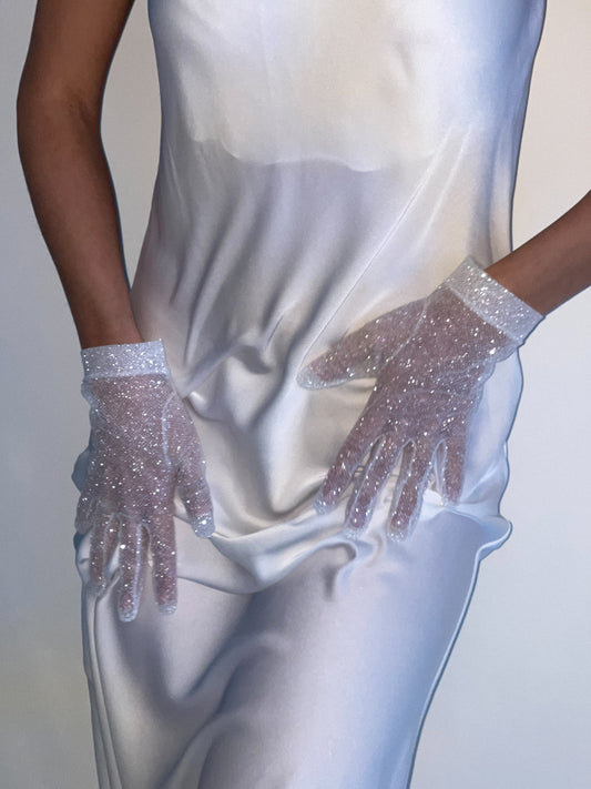 White Sparkle - Glitter Bridal Gloves. Perfect for Great Gatsby and Burlesque Parties